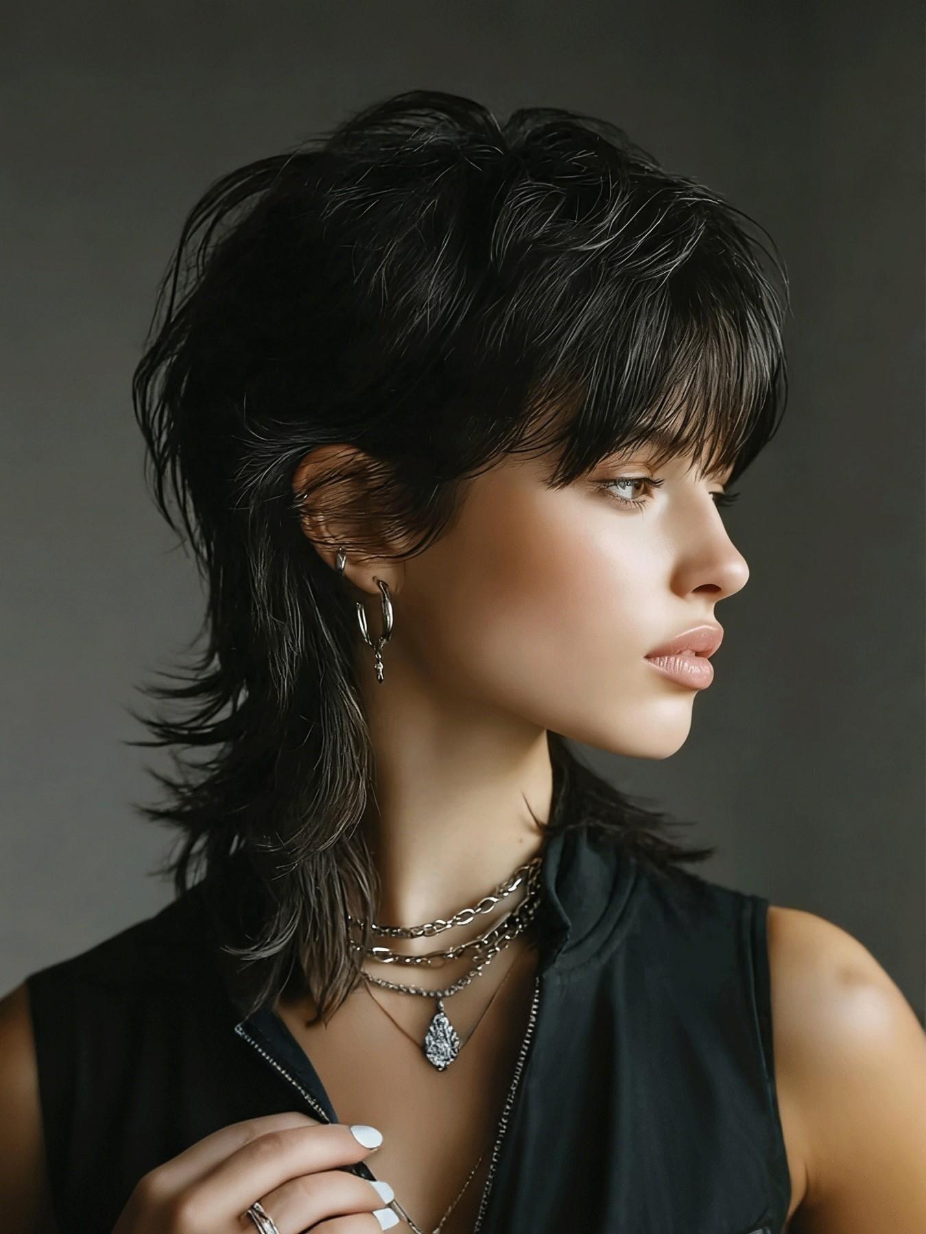 8 Inch Short Pixie Cut Wig With Bangs, Natural Black Brown Shaggy Layered 80s Mullet Wig, Heat Resistant Fluffy Curly Glueless Synthetic Wig, Synthetic Material Wigs, Realistic Scalp Top Soft Fiber Hair Replacement Wigs for Women Daily Party Cosplay Wig