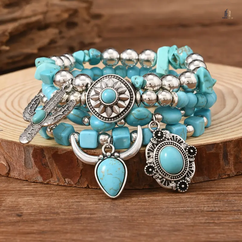 Bohemian Beaded Bracelet Set 4 Pcs, Turquoise Stretch Elastic Bangles, Vintage Ethnic Blue Stone Chain with Metal Charms, Fashion Versatile Jewelry for Men Women Vacation Daily Gift