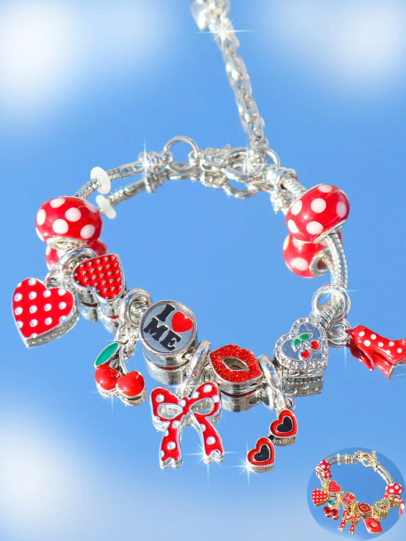 Polka Dot Heart High Heel Charm Bracelet, DIY Party Jewelry, Cherry Lip Design, Self-Love Accessory, Perfect for Events, Jewelry Bracelets