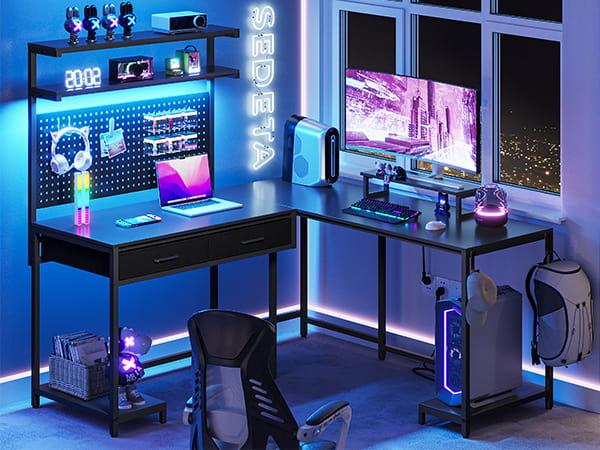 SEDETA L-Shape Gaming Desk Computer Desk with LED Lights Hanging Panel and Drawer with Brackets and Storage Shelves Home Office Corner Desk Modern