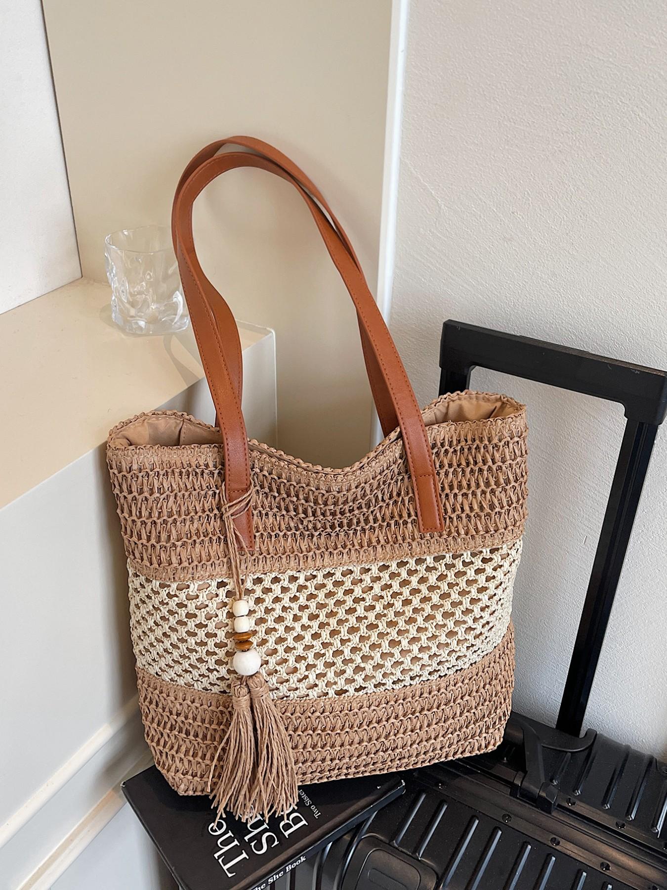 2026 Summer Bohemian Tote Bag, Handwoven Raffia, Leather Strap, Pearl Fringe, Large Capacity, Perfect for Daily Use, Fashionable & Comfortable
