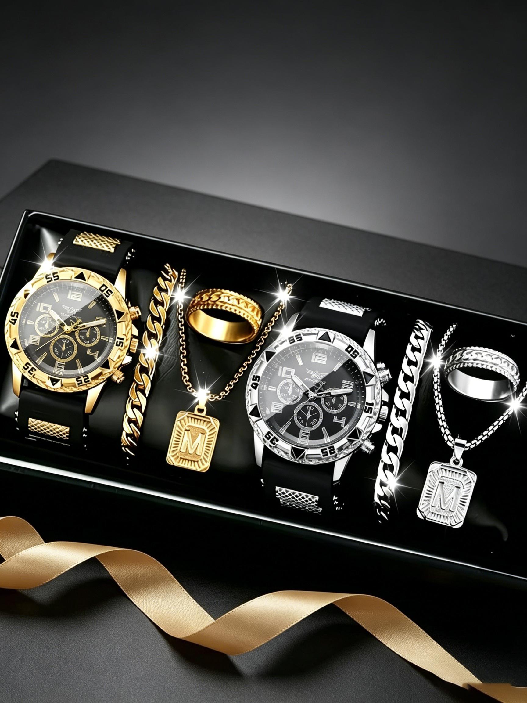 8pcs Men's Gold Watch Set, Fashion Quartz Watches, Vintage Necklace Ring Bracelet Set, Jewelry Sets, Perfect Gift for Him