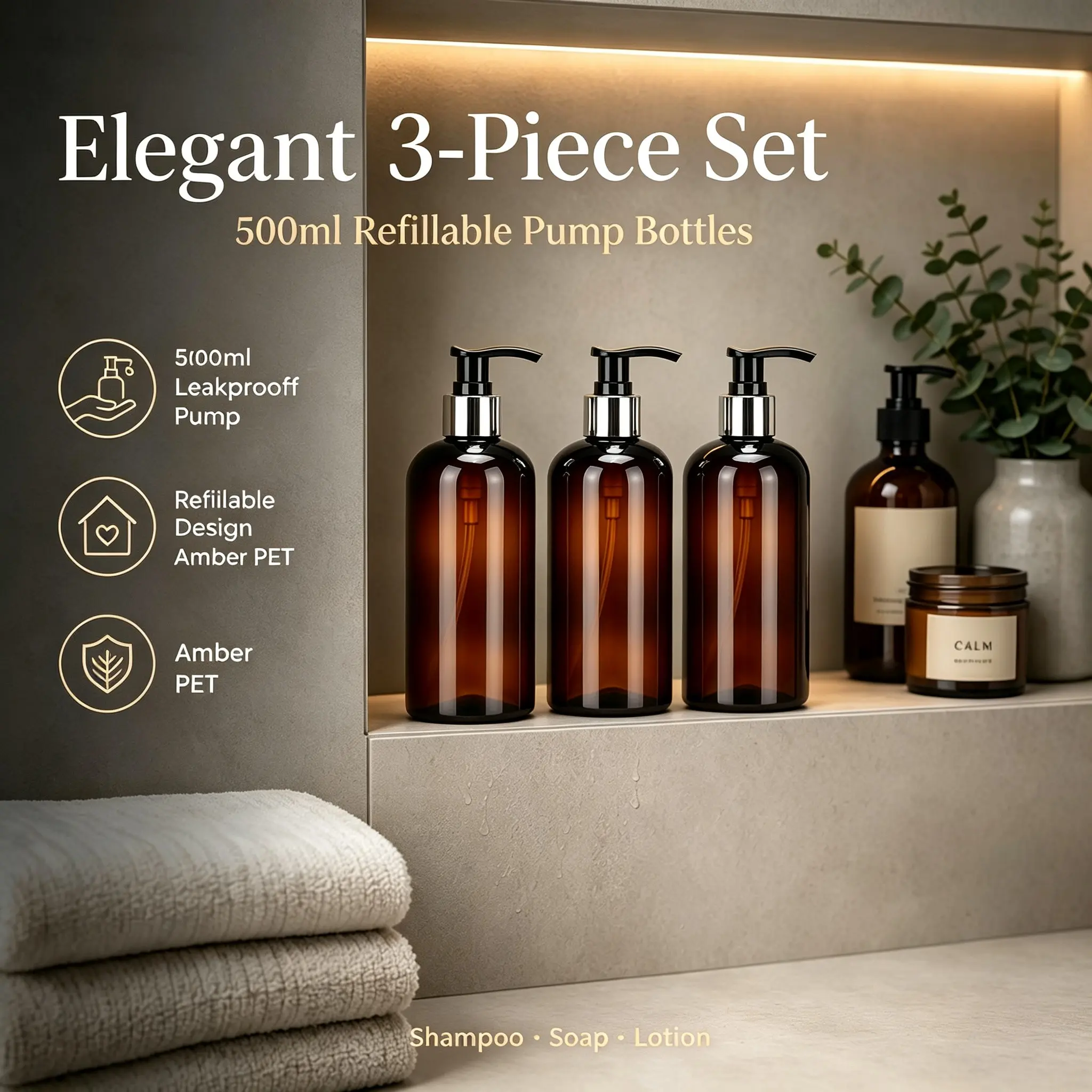 3pcs 500ml Refillable Pump Bottles, Amber Shampoo & Body Wash Dispensers with Silver Black Leakproof Pump, Eco Reusable Bottles for Bathroom, Kitchen, Dorm & Travel
