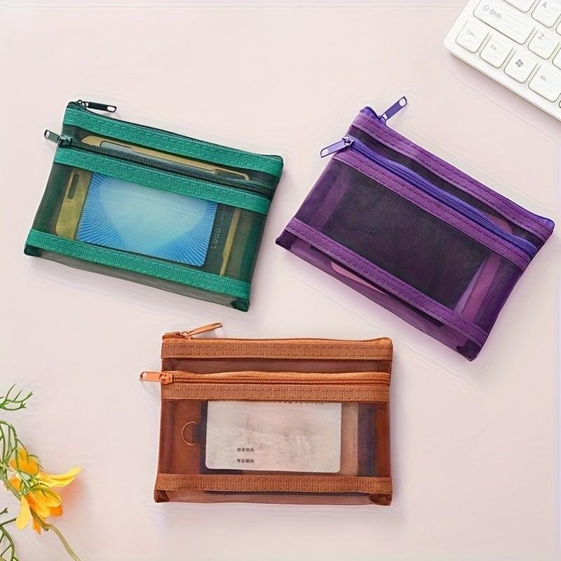 2/5pcs Transparent Double-layer Storage Pouch, Double-layer Vintage-colored Mesh Pouch, Can Be Used as a Coin Purse, ID Card and Business Card Holder, Also Suitable for Storing Small Items and as a Trinket Pouch. Essential for Travel, Card Organizer