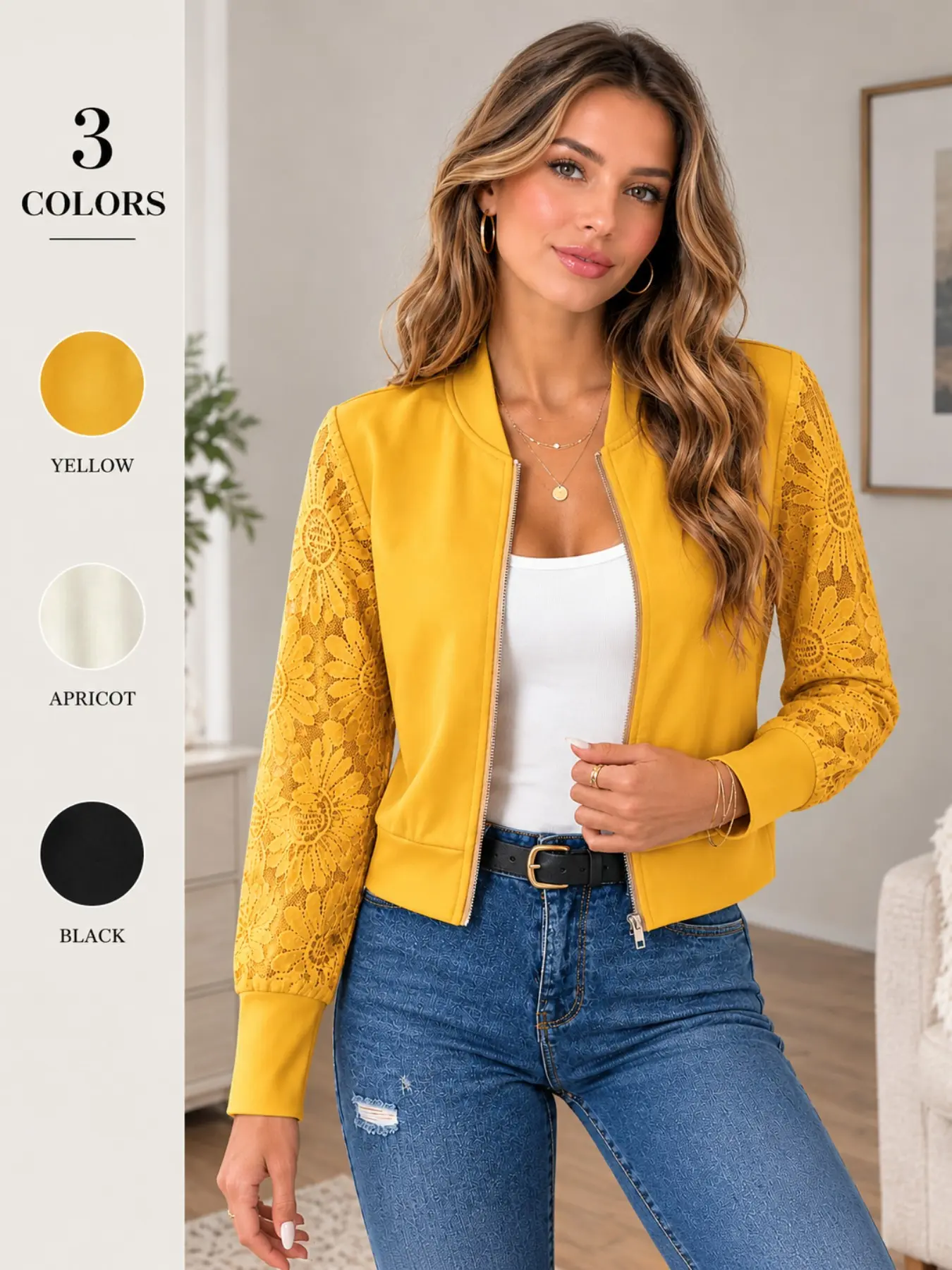 Women's Lace Sleeve Baseball Jacket, Floral Lace Long Sleeve Zipper Coat, Lightweight Casual Fashion Elegance Outerwear, Trendy Spring Fall Jacket