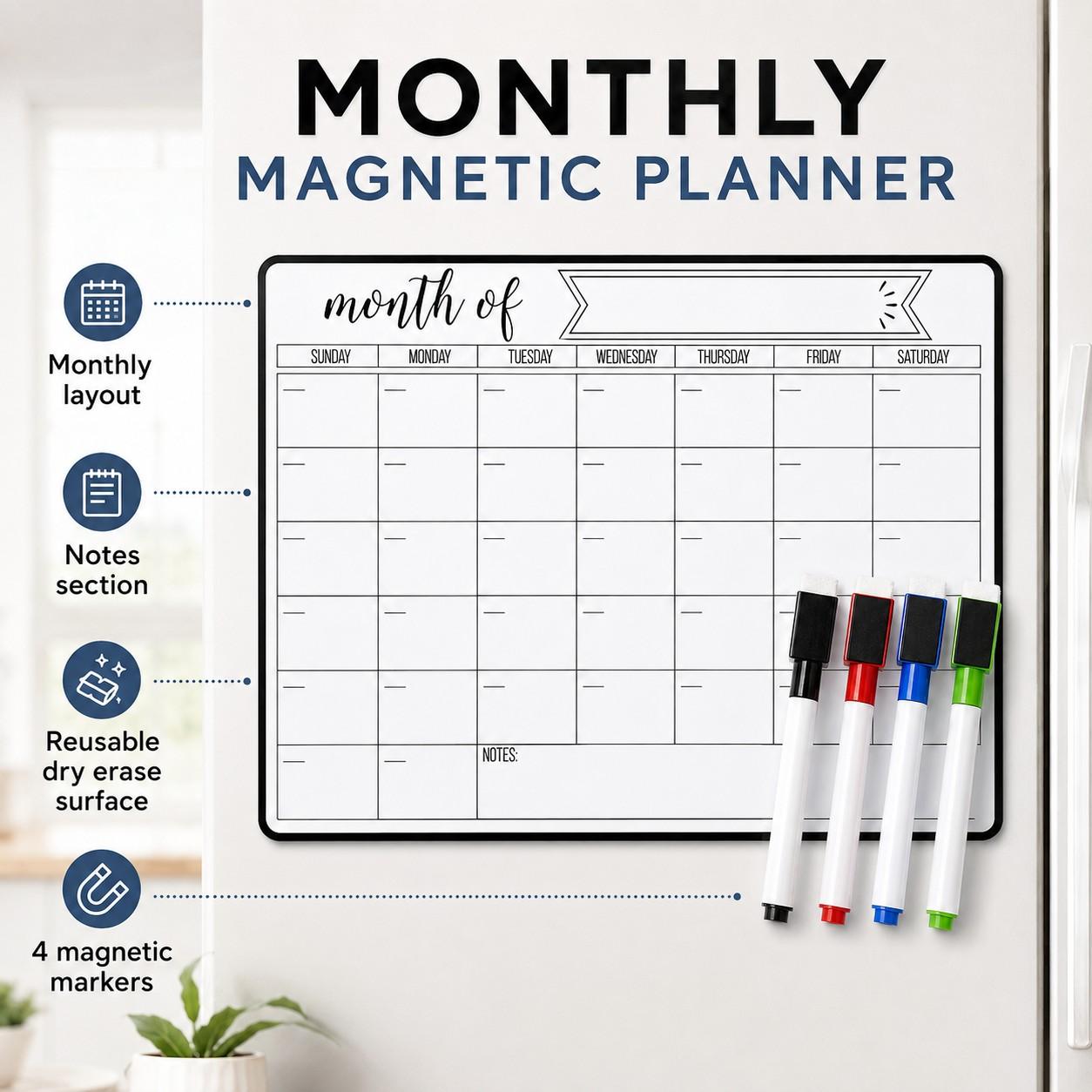 Magnetic Refrigerator Monthly Planner Set, Calendar for Fridge, Includes 4 Magnetic Markers, Reusable Whiteboard, Ideal for Home and Study Time Management