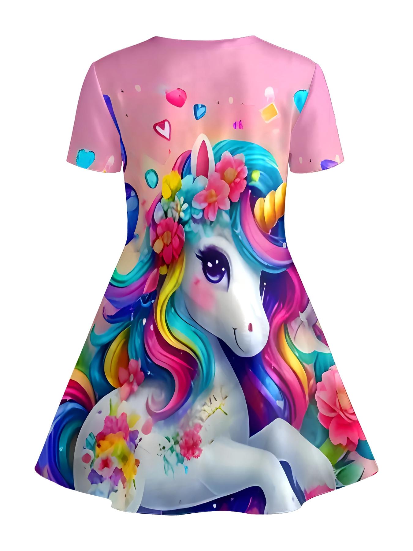 Girls Summer Flower Unicorn Print Dress, Kids Pink Heart Crew Neck Short Sleeve A-Line Dress