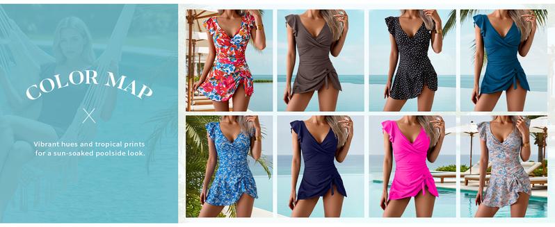 Aidonger One Piece Swimdress Tummy Control Ruffle Swimsuit for Women Tie Knot Swim Dresses V Neck Bathing Suit Skirt Swimmingsuits