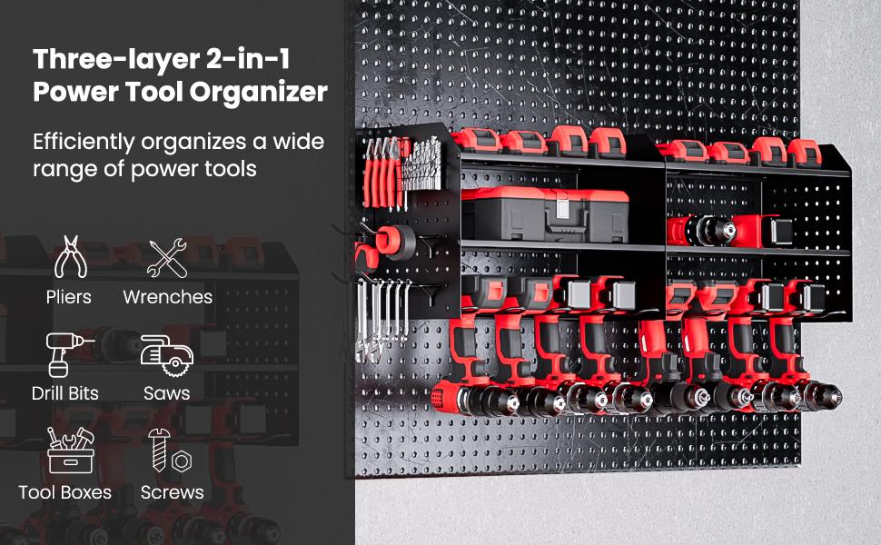 TRZZ Men's Room Accessories Portable Tool Storage Rack with 8-Port Power Strip 3-Layer Tool Gun Rack Saw Blades Drill Bits Cordless Drill Fixture Storage Box Tool Holder Gift Heavy Duty