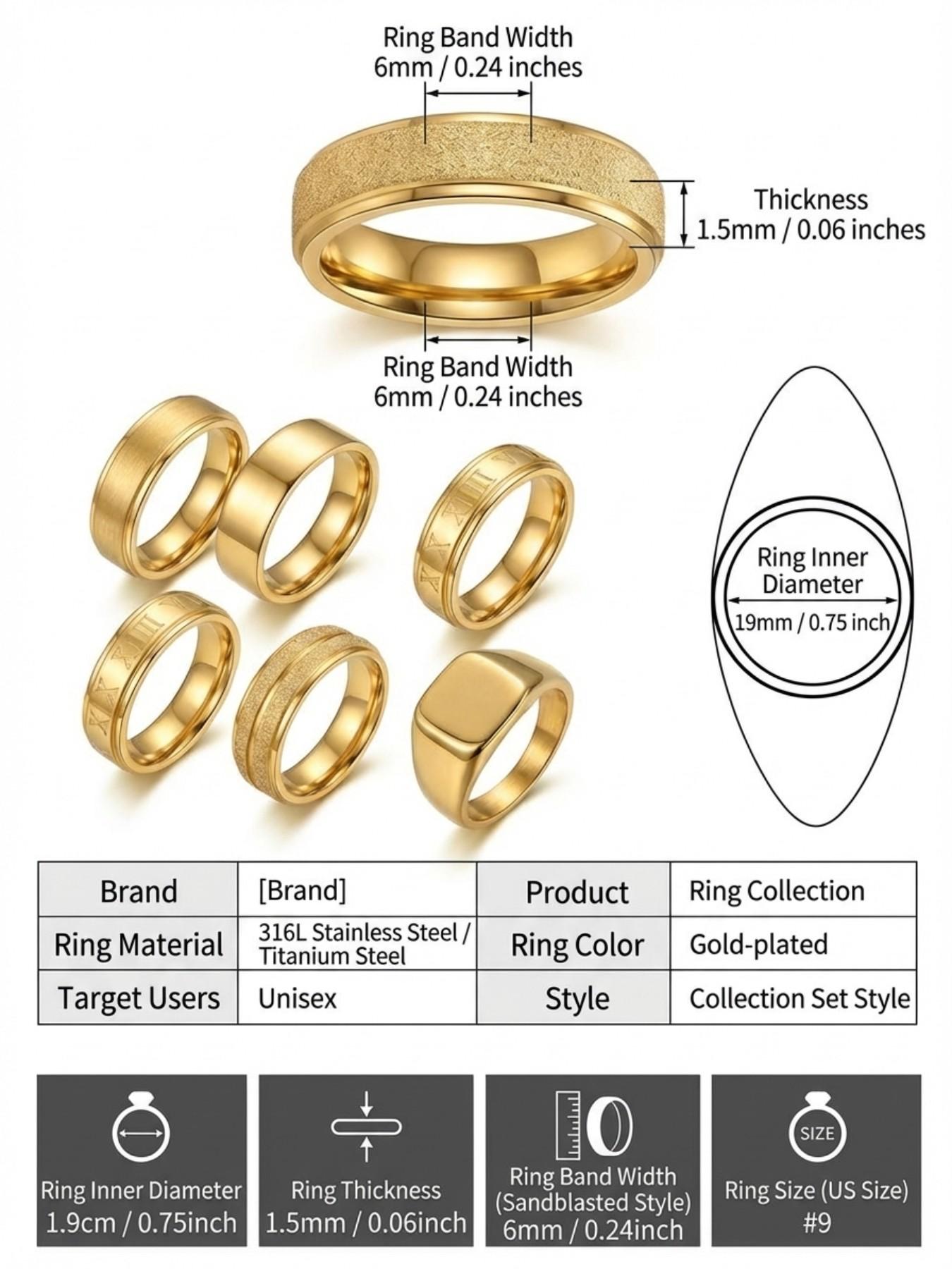 6-Piece Men's Stainless Steel Jewelry Set,Rhombus Design Rings for Daily Wear & Gifts, Durable Fashion Accessory