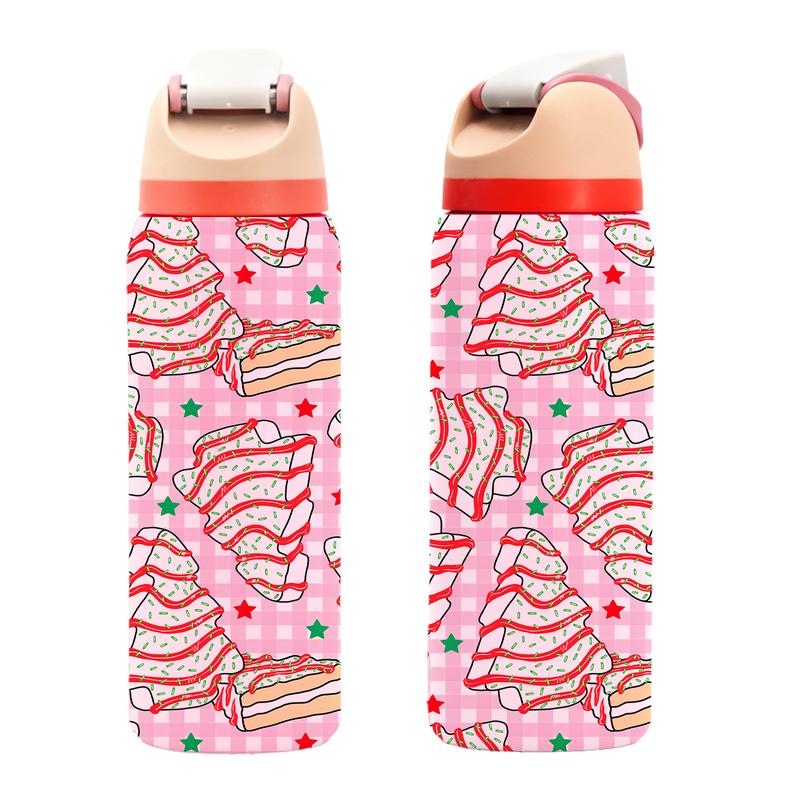 1 Pc19/24/32oz double wall insulated thermal mug, leak-proof skinny vacuum cup, Christmas cake and tree dessert pattern, pink background festive design, keeps hot 12 hours cold 24 hours, perfect gift for women men, holiday travel mug for hot cold drinks