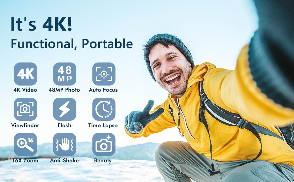 Summer 2025 Edition | 4K Digital Camera with Viewfinder & Flash |  Retro Autofocus Vlogging Camera for All Ages | Easy Setup | 16X Zoom | Time Lapse | Selfie | Compact Travel Camera with 32GB SD Card & Wrist Strap Included