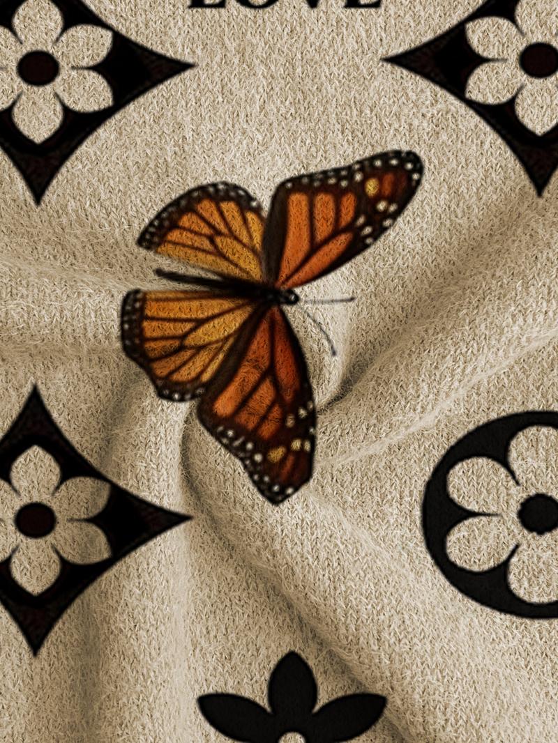 Women's Butterfly Print Stand Collar Sweater, Casual Long Sleeve Knitwear for Fall Winter, Comfortable Warm Daily Wear