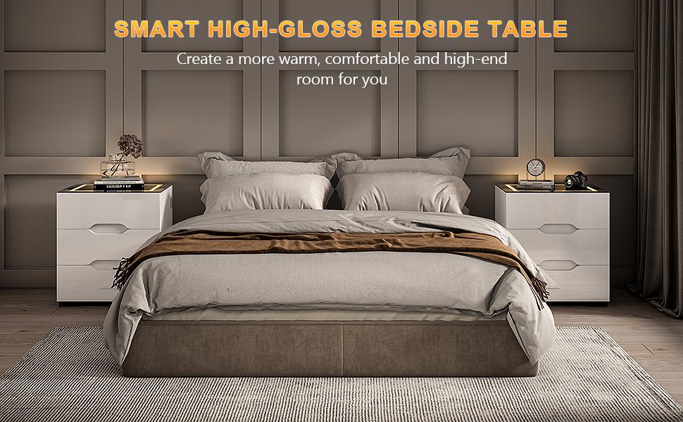 Smart Nightstand with Wireless Charging Station & Adjustable LED Lights, High Gloss End Table with 3 Drawers & USB Charging, Bedside Table Organizer for Bedroom Use