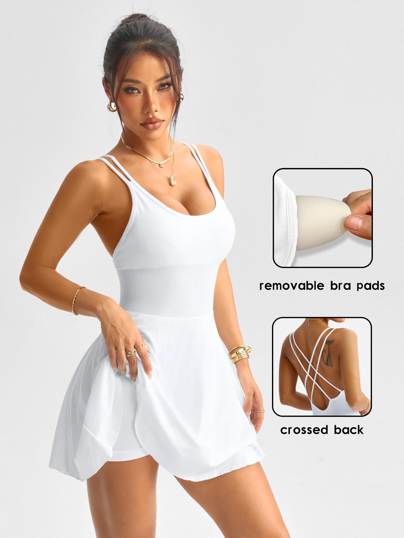 Women's Backless Criss Cross Sports Dress with Removable Pads, Mini Yoga Skirt, Fitted Above the Knee, Casual Tennis Dress, All Seasons