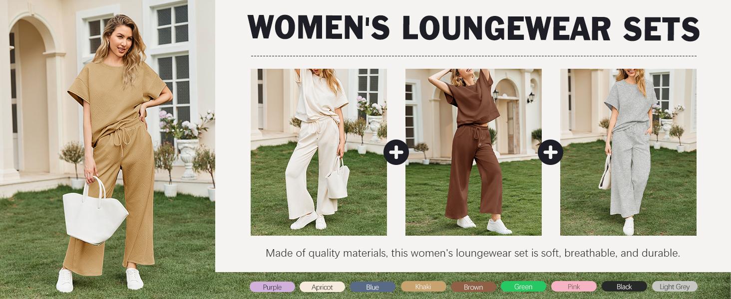 FISOEW Sports 2026 Summer Spring Womens 2 Piece Outfits Sweatsuit Long/Short Sleeve Tops and Drawstring Waist Cropped Wide Leg Pants Loungewear Sets viral  knit Jean Shirt matching sets women Matching Tracksuits Womenswear Soft,