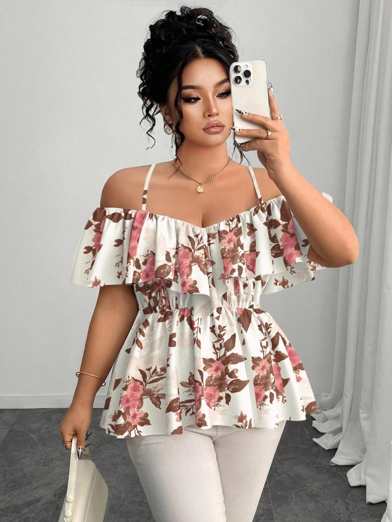 Elegant Chic Casual Bohemian Ruffle Halter Top, A-Line Hem Blouse for Spring & Summer, Plus Size Fashion Shirt for Women, Fit