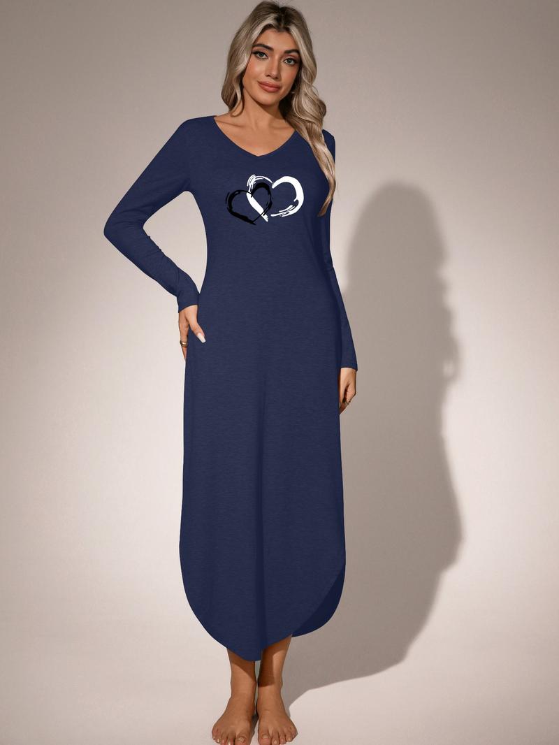 Women's V-Neck Long Sleeve Nightgown, Soft Casual Loungewear Dress with Pockets, Heart Print Sleepwear, Loose-Fitting, All Seasons