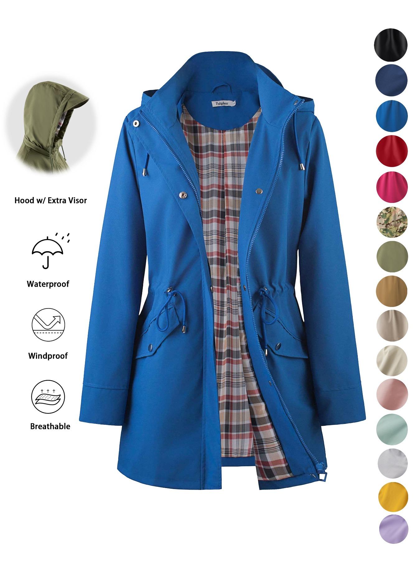 Women's Solid Color Drawstring Zip Up Hooded Trench Coat Raincoat, Casual Long Sleeve Waterproof Windproof Breathable Outerwear for Spring & Fall, Ladies Clothes for Daily Wear Women's Solid Color Drawstring Zip Up Hooded Trench Coat Raincoat, Casual Long Sleeve Waterproof Windproof Breathable Outerwear for Spring & Fall, Ladies Clothes for Daily Wear