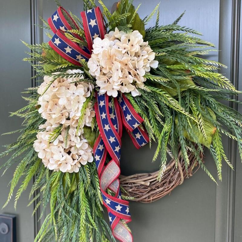 Independence Day Wreath Front Door Decoration, American Flag Bow Hydrangea Patriotic Wreath, Memorial Day Outdoor Porch Home Wall Decor