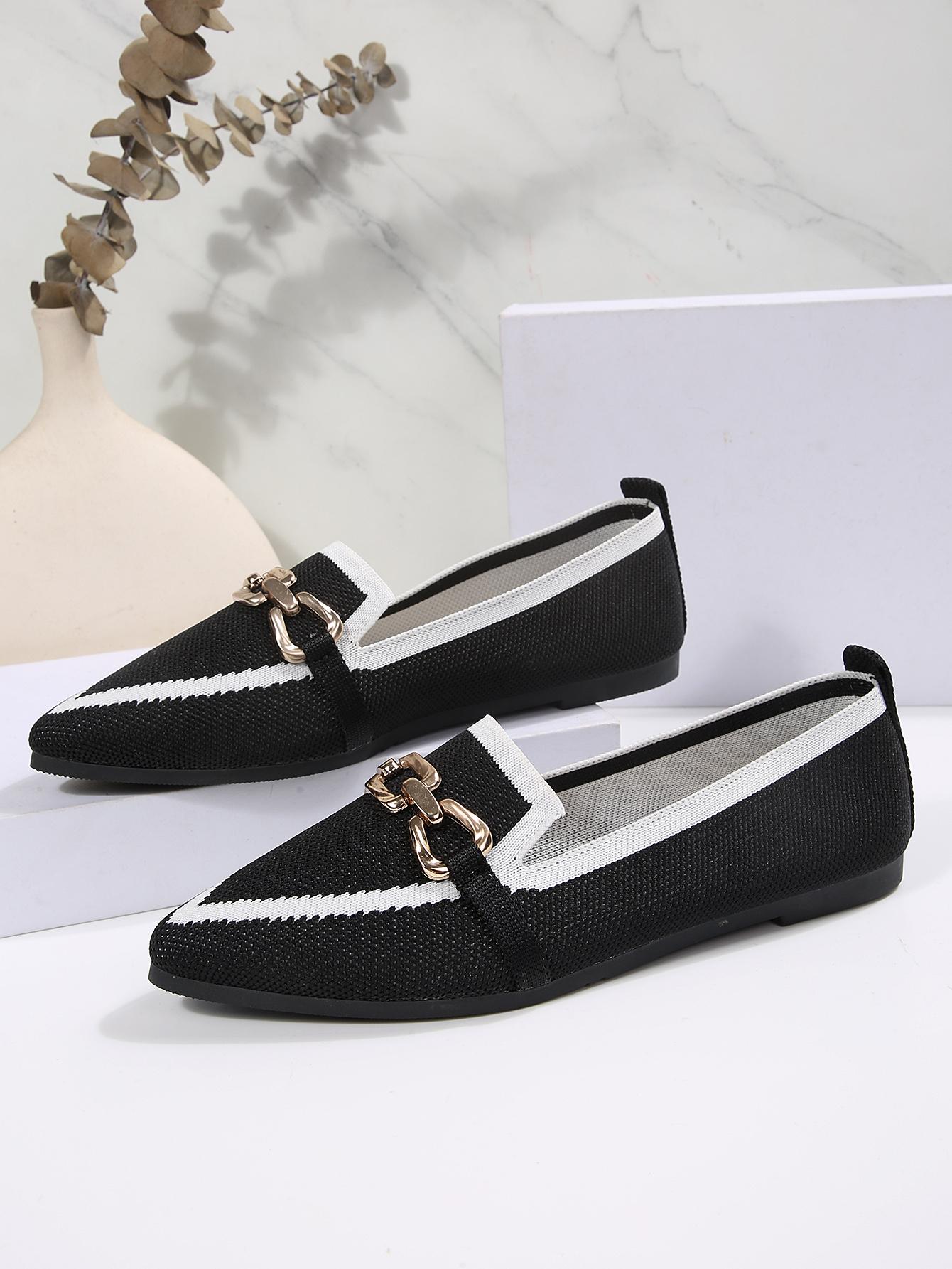 1 Pair Women's  Colorblock Knit Pointed Toe Metal Buckle Flat Loafers, Minimalist Commute Style Breathable Slip-On Shoes, Versatile Elegant Comfortable Professional Footwear for Office Work