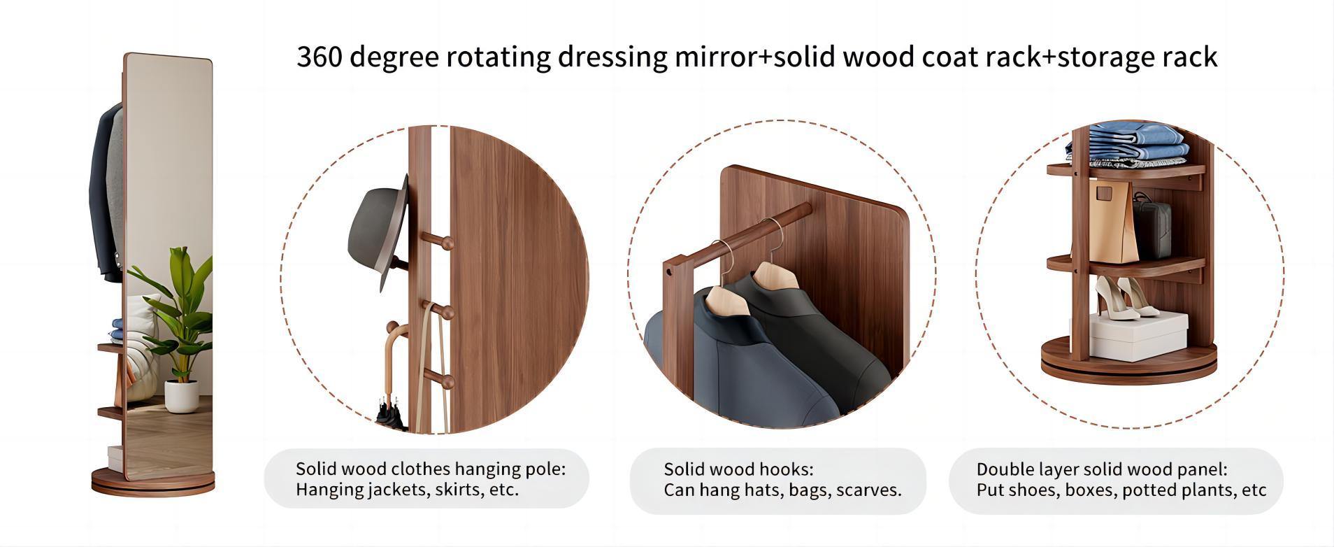 68.8x19.6in Modern Rectangle Walnut Solid Wood 360° Rotating Multifunctional Standing Mirror - Storage, Double-Layered Enlarged Base, Hook Hanging & Coat Rack, Eco-Friendly Decoration for Bedroom, Home Gym