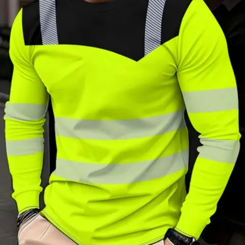 Men's Sports Long Sleeve T-Shirt, High Performance Athletic Activewear, Workout Shirts, Fluorescent Color-Block Quick-Dry Top, Fashion Fitted Short Length, Spring & Fall Wear, Sports Tops