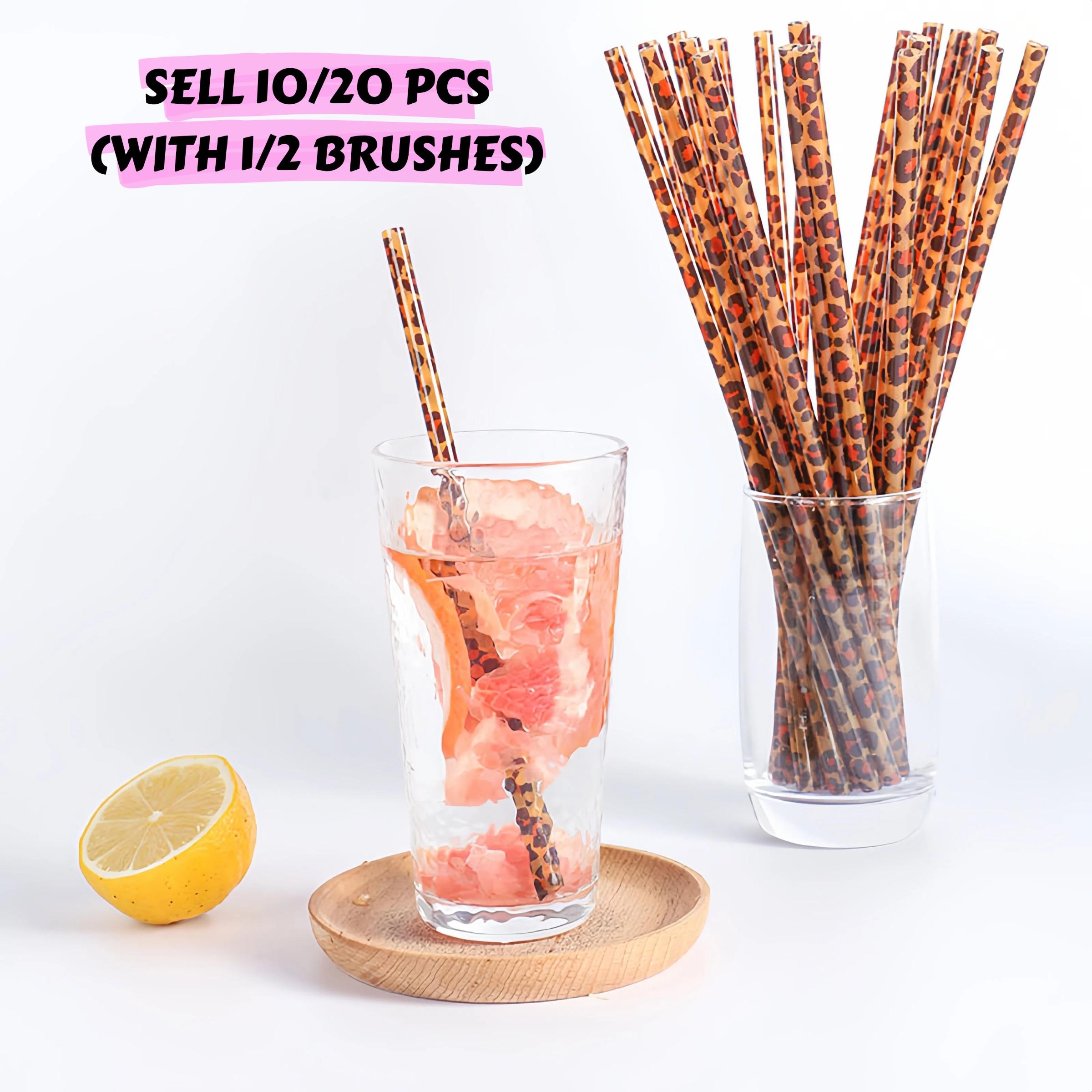 10/20PCS(with 1/2 brushes) Reusable Leopard Print PP Drinking Straws Set, Straw Combo, 9 Inch Straws with Cleaning Brush, Durable Easy to Clean Smooth Edge Straws for Iced Coffee Juice Smoothies Party Home Daily Use, Home Bar Accessories