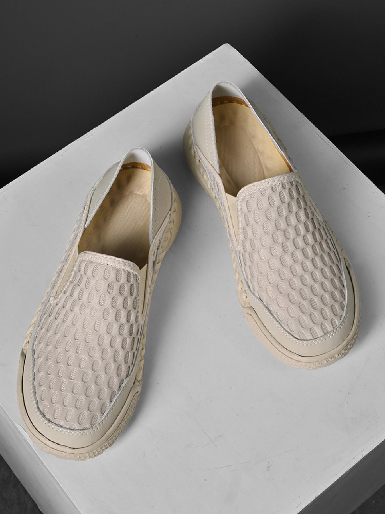 Men's Solid Color Mesh Breathable Slip-On Loafers, Soft Sole Anti-Slip Hand-Stitched Walking Shoes, Lightweight Casual Dad Shoes