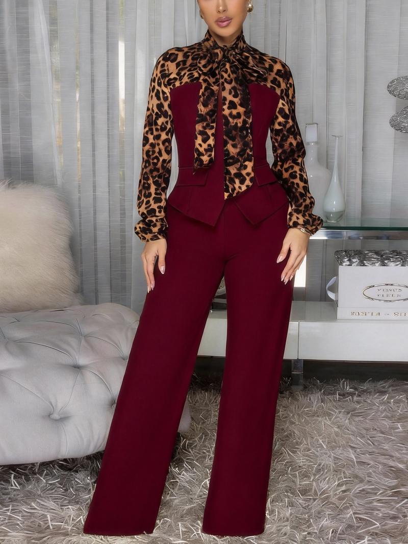 Women's Elegant Two-Piece Set, Leopard Bow Blouse and Solid Color Pants, Casual Sexy, Slight Stretch Fabric, Perfect for Fashion Occasions