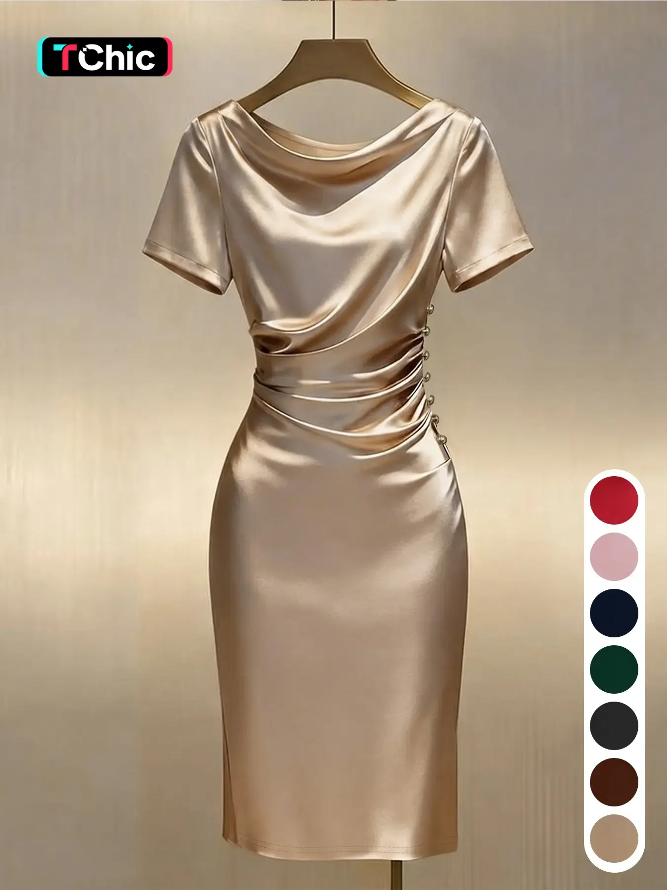 (Size too small, knitted fabric with lustrous texture) Champagne Color Sheer Dress, Elegant Short Sleeve Long Dress, Bodycon A-Line Design, Perfect for Office & Evening Events