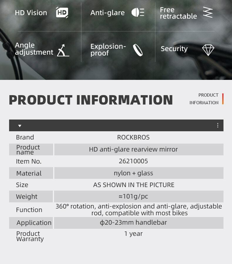 ROCKBROS Bike Mirror New Handlebar Rear View Mirror HD Anti-glare Glass Foldable with Retractable & 360 °Adjustable Lens E-bike Mirror Suitable for 21-24cm Handlebar