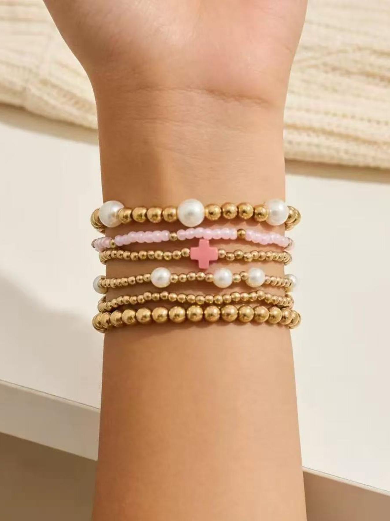 Boho Stackable Beaded Bracelets for Women, Gold Pearl Elastic Bracelet Set, Summer Beach Bohemian Jewelry, Colorful Cross Charm Wrist Bracelets, Daily Wear Gift for Her