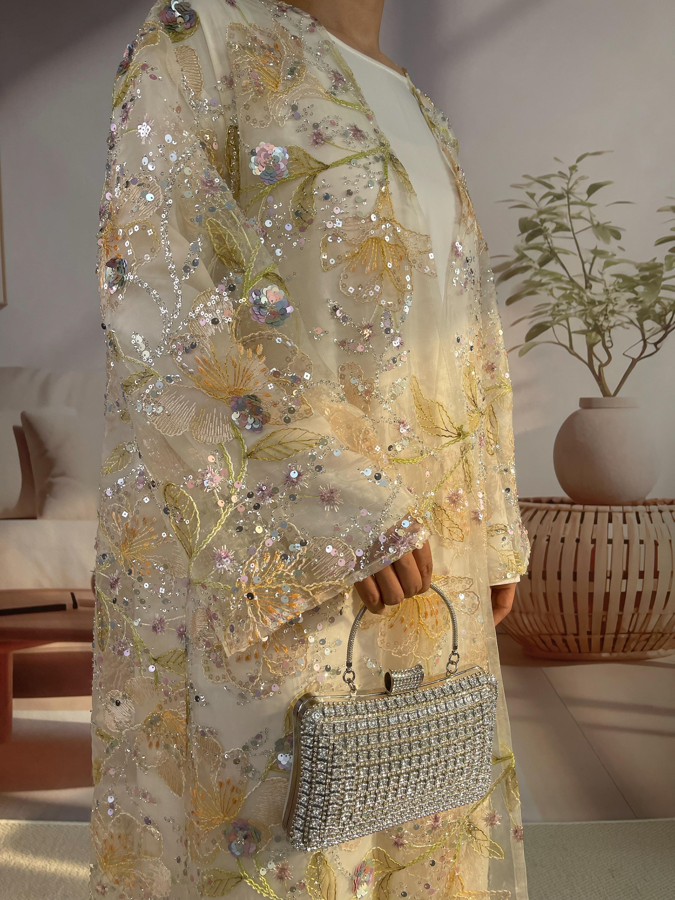 Women's 2-Piece Embroidered Flower Beaded Sequins Open Abaya and Satin Lined Dress Set (Open Abaya + Inner Dress)