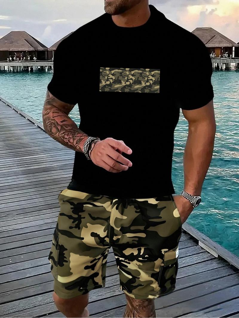 Two-Piece Set Men's Camo Print Crop Tee & Shorts, Regular Fit Casual Short Sleeve T-shirt & Camo Print Shorts, Men's Summer Outfits