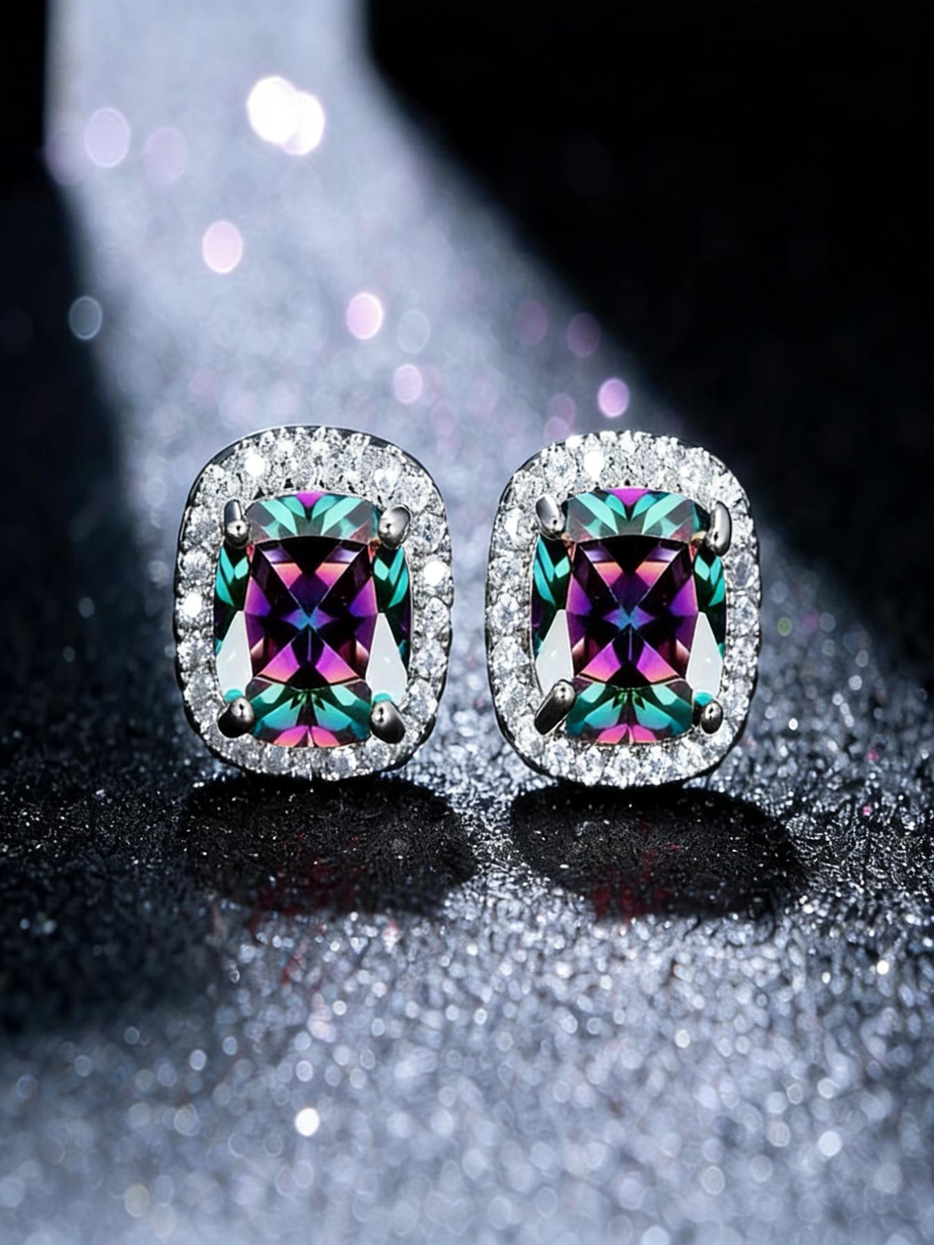 1 Pair Golden Plated Princess Cut Rainbow Stone Stud Earrings Wedding Band Multicolor Earrings Princess Jewelry