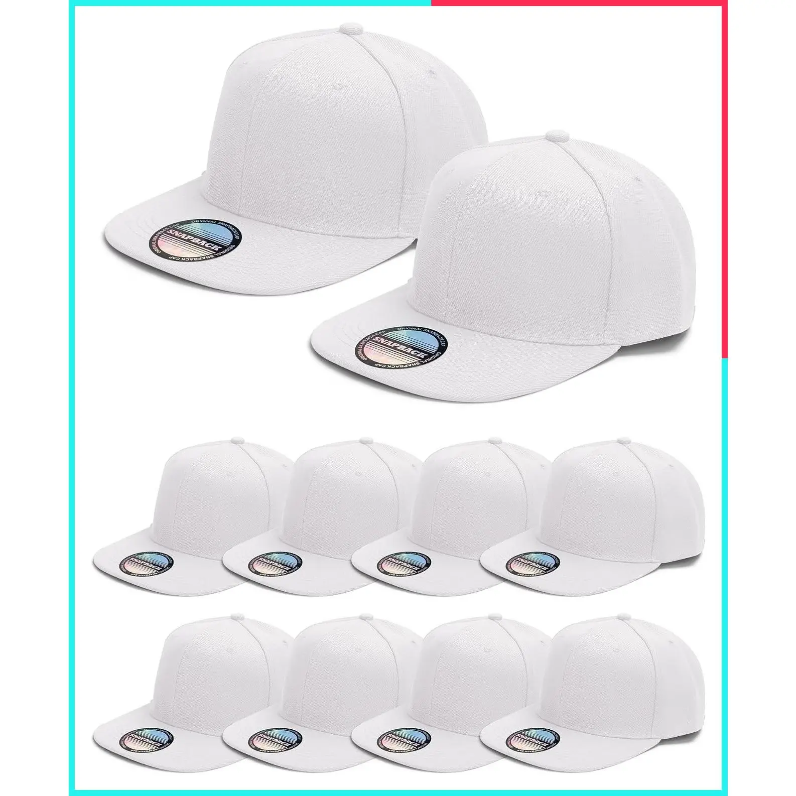 10 Pack Blank Flat Brim Snapback Hats for Men - Bulk Plain Baseball Caps