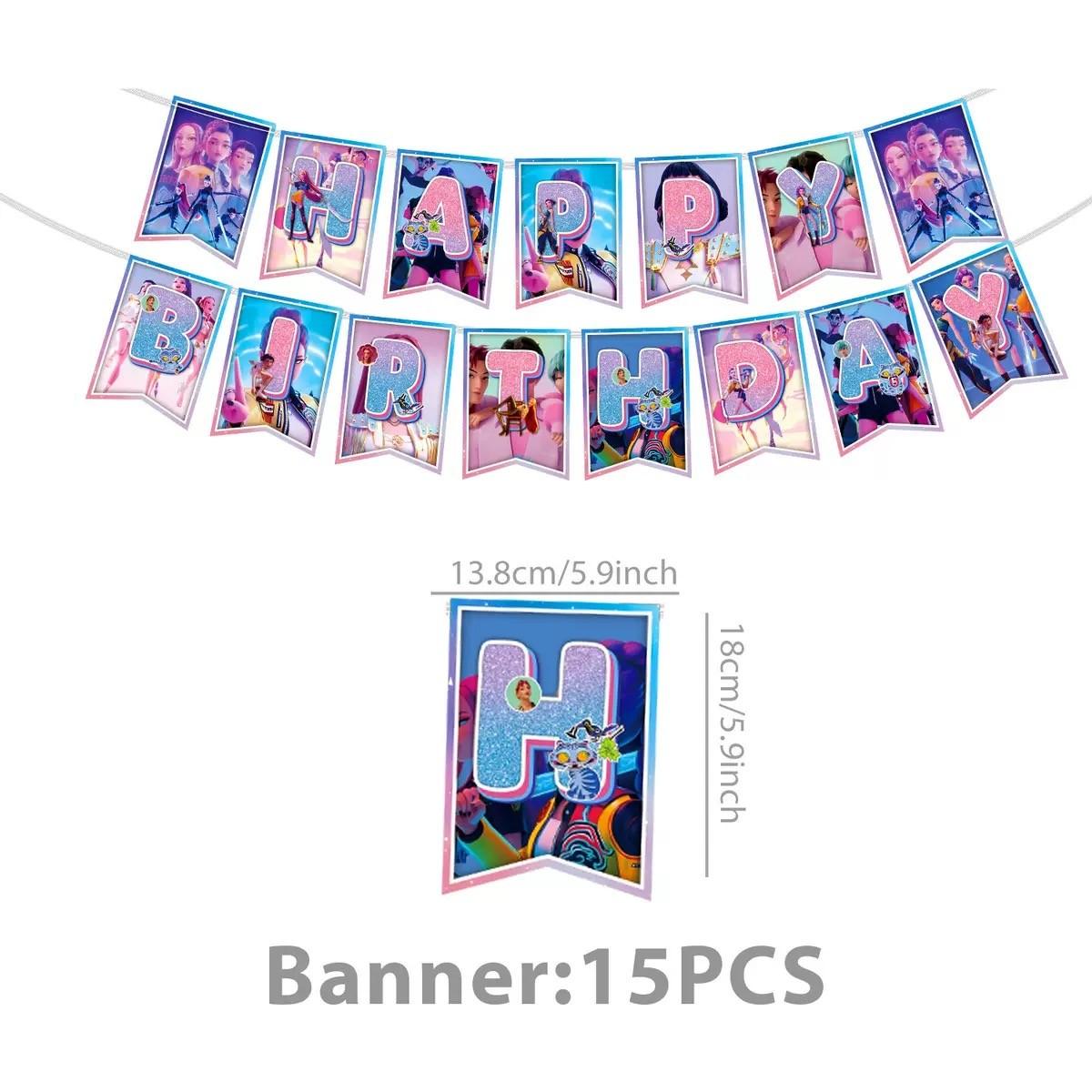 A set of pink children's birthday party supplies prepared by the popular exorcist girl band for fans, including banners, plates, cups, tablecloths, and napkins, perfect for decorating girl themed birthday parties