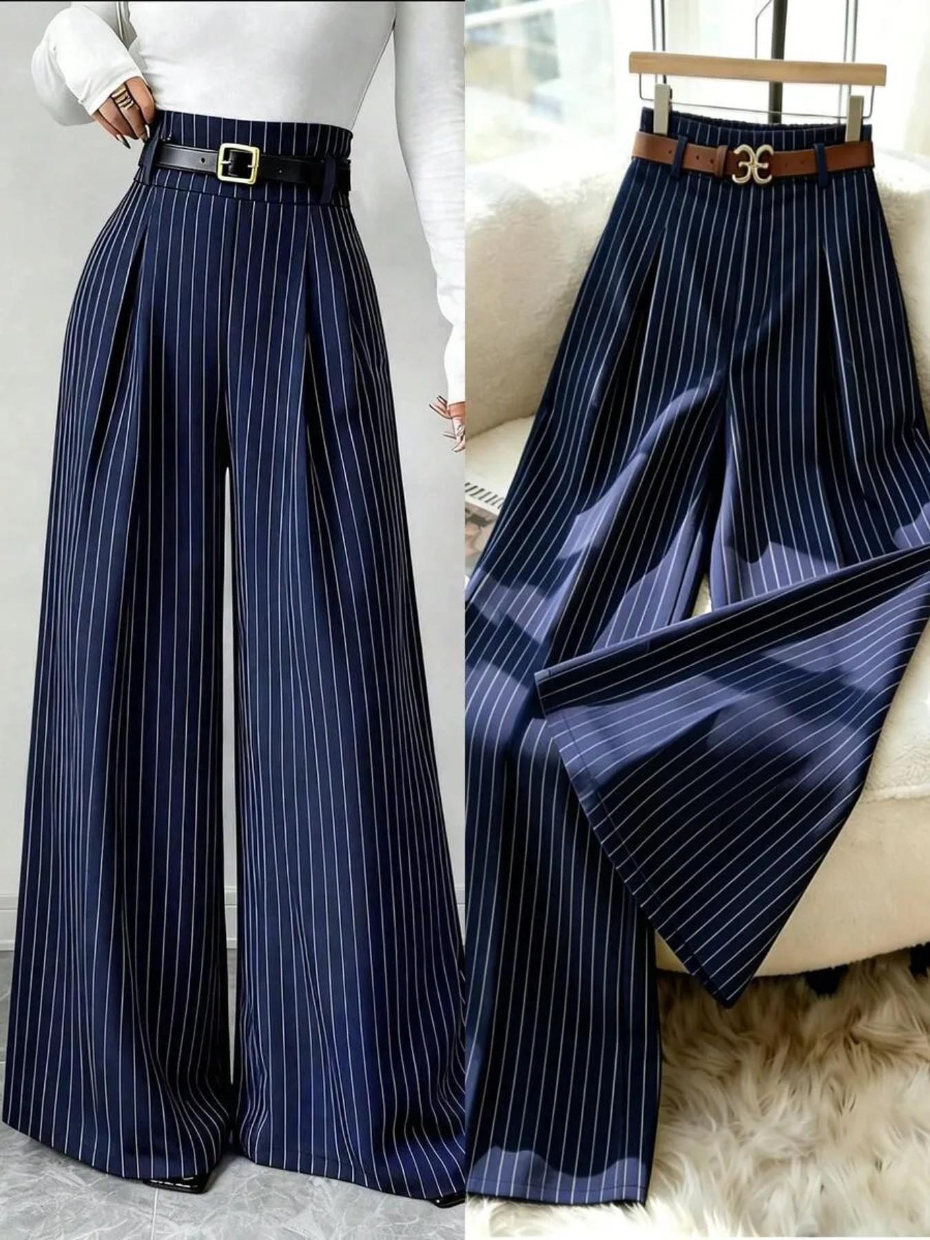 Women's Striped Wide Leg Straight Leg Suit Pants, Elegant Fashion Casual Trousers, Suitable for Office and Business, All Seasons