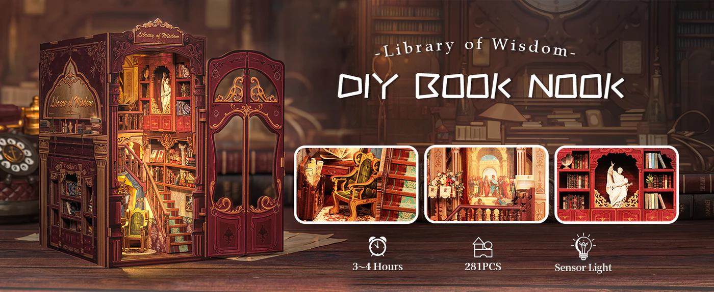CUTEBEE Library of Wisdom DIY Miniature Book Nook with LED Lights Handmade Creative Toy Christmas & Black Friday Gift for Teens & Adults Home Shelf Decoration Dust Cover Model Boat Kit Miniature Set Building Blocks Set