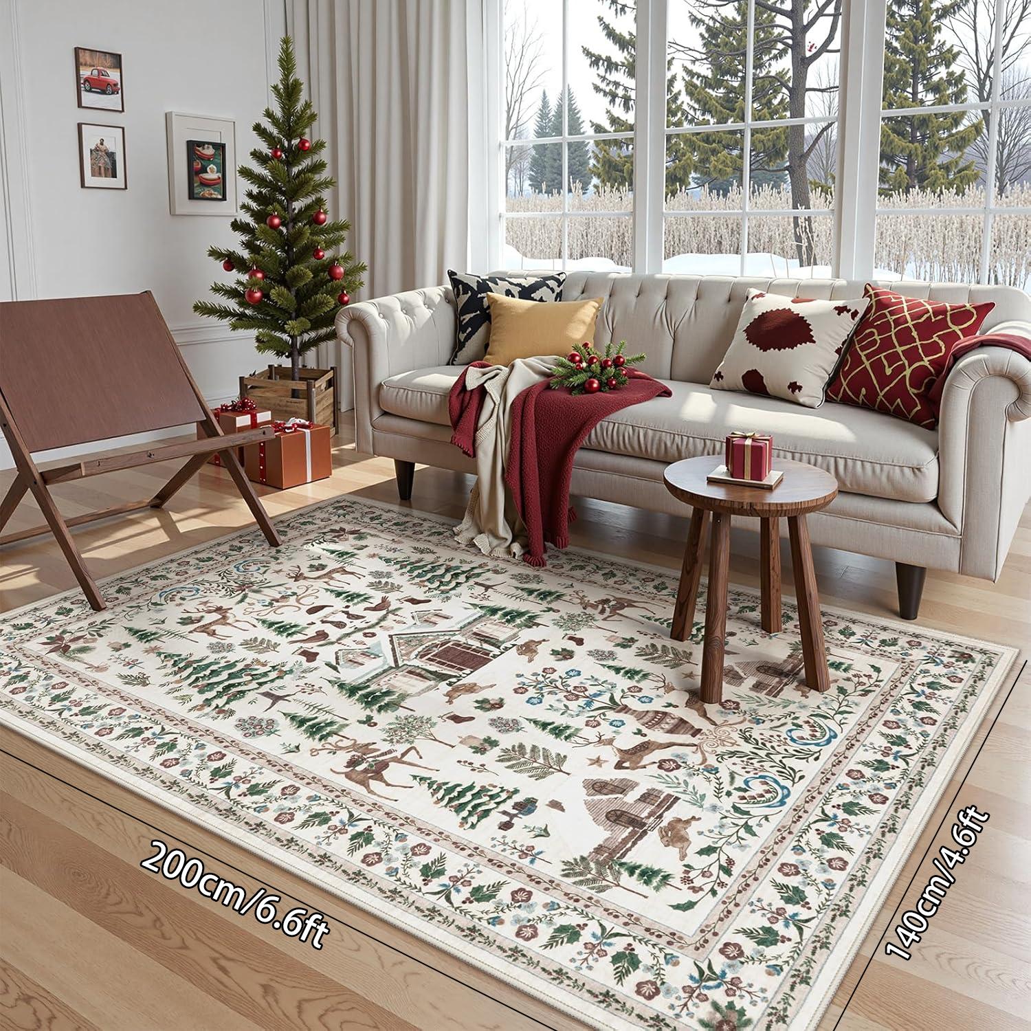 Vintage Christmas Living Room Carpet, Non-Slip Soft Rug, Home Decorative Rug, Festive Home Decor Gift, Ideal for Dining Room Office Bedroom