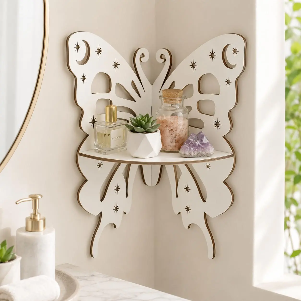 Wooden Butterfly Corner Wall Shelf, Boho Crystal Display Rack, Hollow Butterfly Wall Decor Shelf for Bedroom Living Room Home Decor
