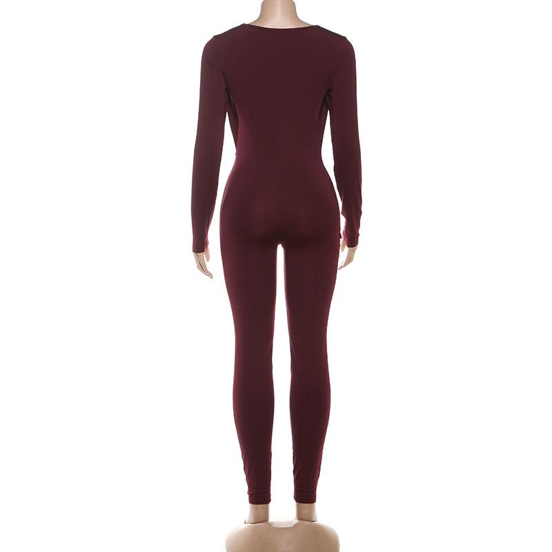 DOUCIU Autumn Street Personality Basic Solid Color Sports Casual Tight Sexy Hot Women'S Thin Long Sleeve Hollow Metal Decoration Body Shaping Jumpsuit Trousers