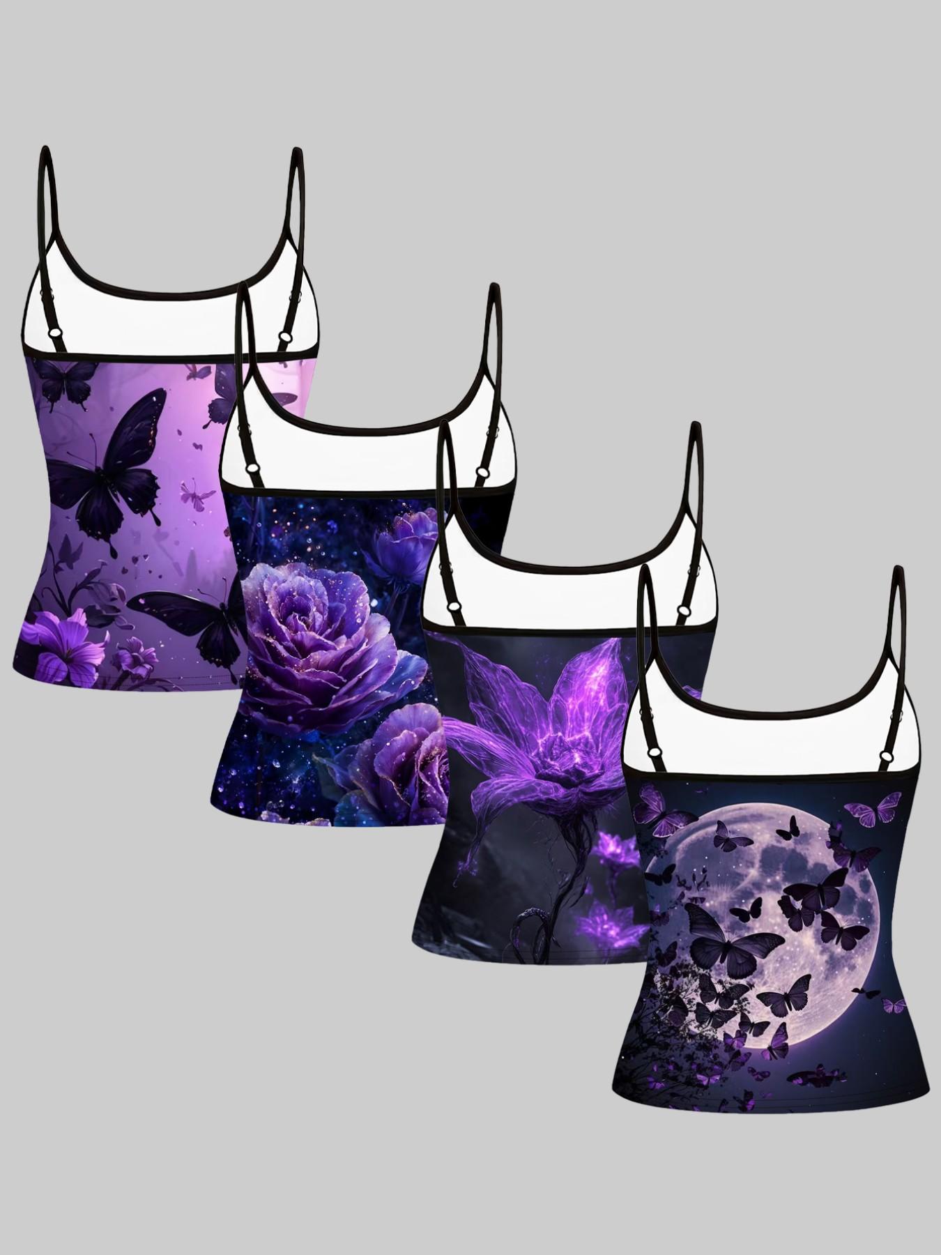 Dark Rose Butterfly Print Strappy Top, Summer Home Wear, Casual Slim-Fit Outerwear, Unique Bodycon Shirt, Four-Piece Set