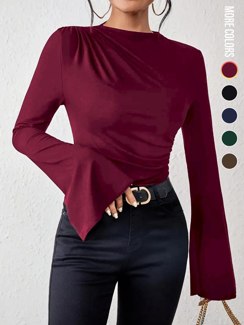 Women's Plain Ruched Flounce Sleeve Tee, Elegant Long Sleeve Stand Collar T-Shirt for Spring & Fall, Womenswear, Women's Top for Daily Wear
