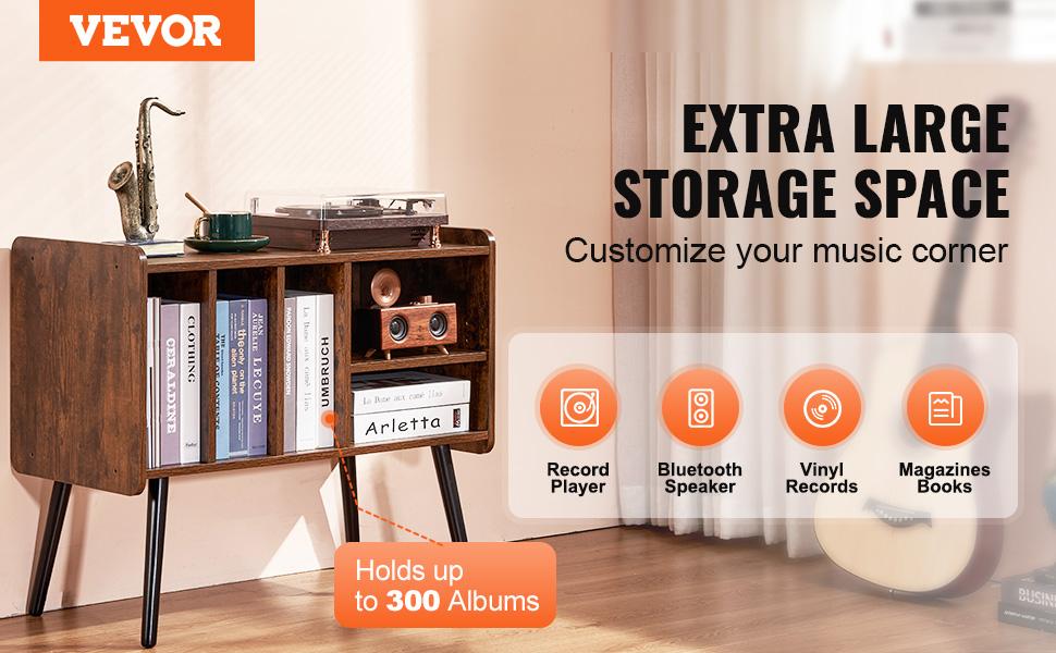 VEVOR Record Player Stand, Turntable Stand Holds Up to 220 Albums, Vintage Vinyl Record Cabinet with Removable Shelves, Record Player Table with Adjustable Height for Living Room, Bedroom, Brown