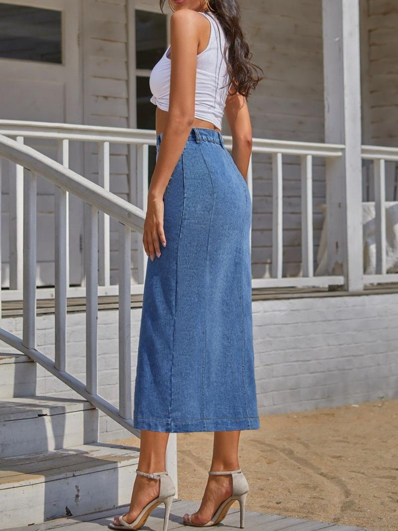 Elastic Washed Casual Button Fly Denim Midi Skirt for Women, All Seasons Wearable, Versatile Fashion for Daily and Dates