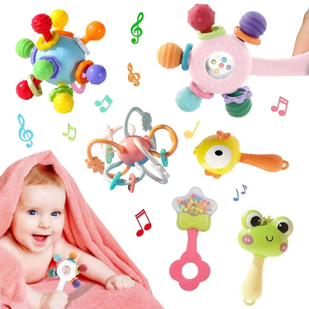 Sensory Rattle Teether Toy Hand Grip Development Toy Soft Silicone Baby Activity Toy Early Learning Plaything