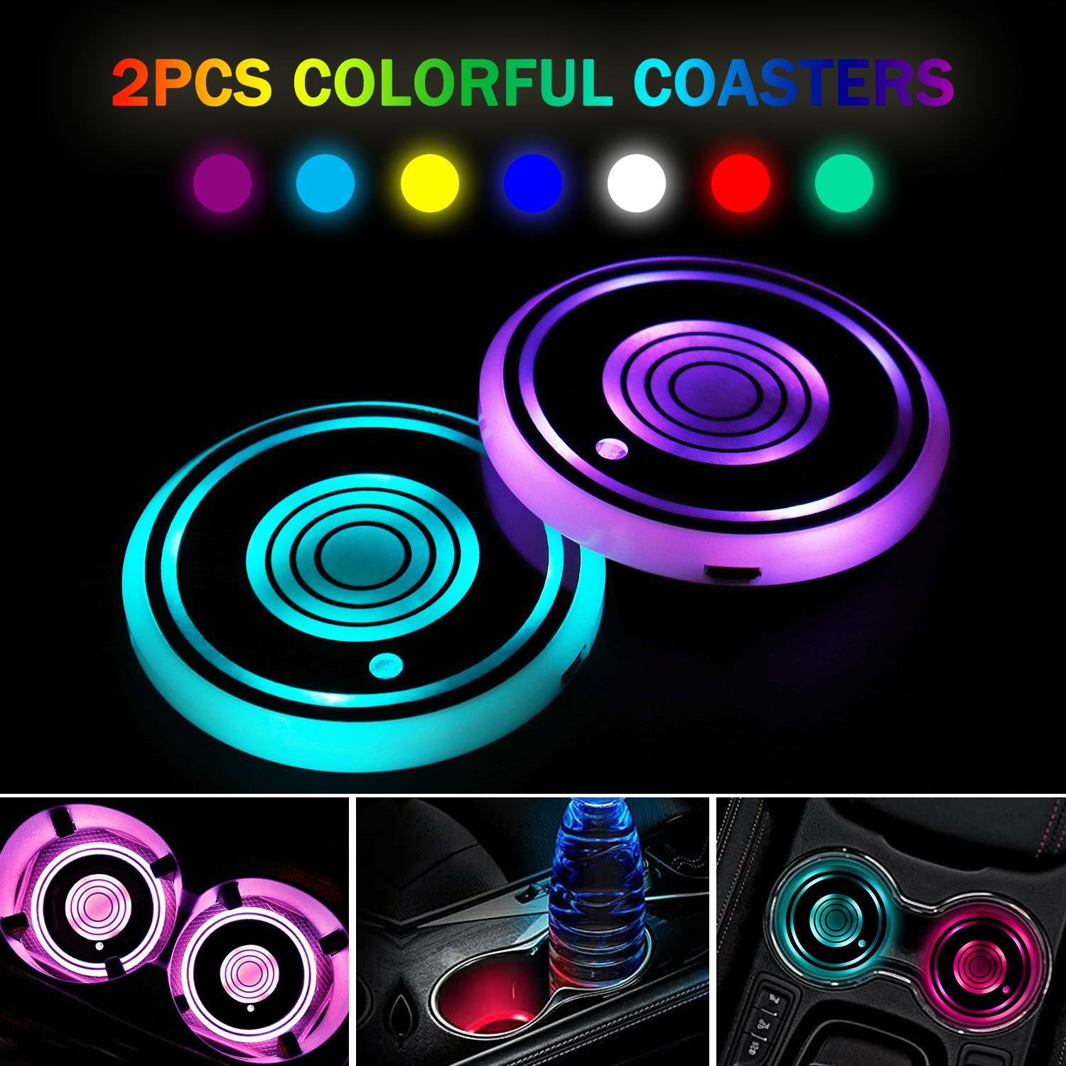 2PCS USB Car Cup Holder Light Kit, Waterproof 7 Color-Changing Car Cup Mat Holder LED Ambient Light, Colorful Car Interior Decorative Light, Auto Interior Accessories