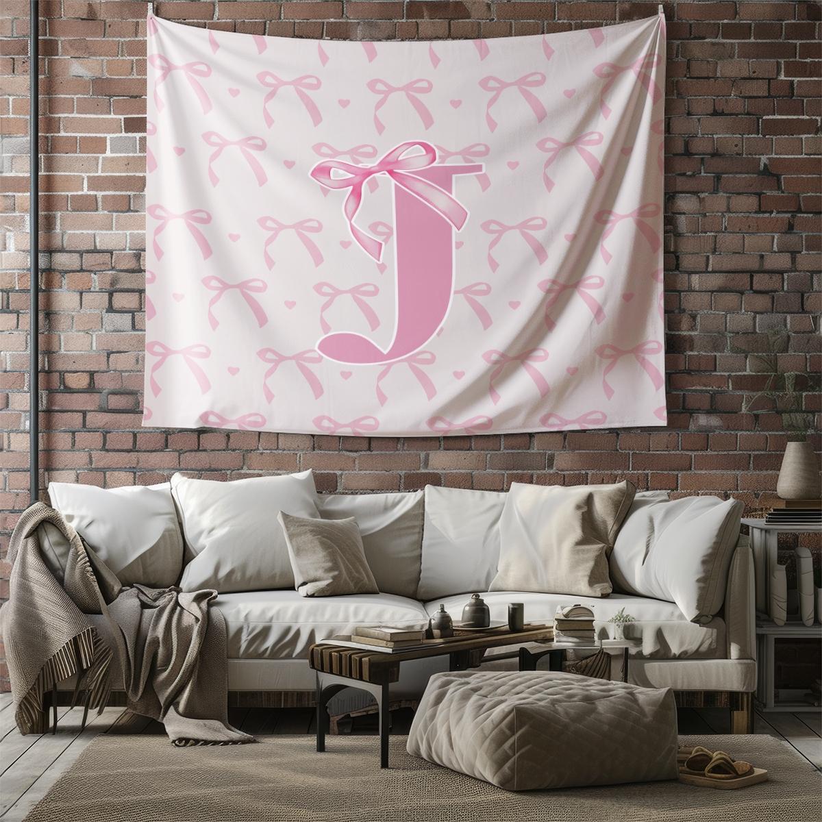 Pink Bow Heart Wall Tapestry, Custom Initial Sweet Print, Soft Decorative, Ideal for Girls Bedroom Living Room Wall Decor